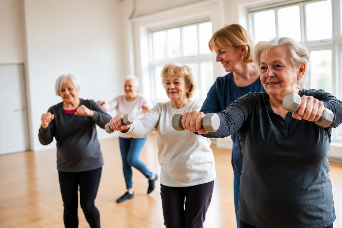 Gruppe beim Gesundheitstraining in der Halle bei leichten Übungen mit Gewichten