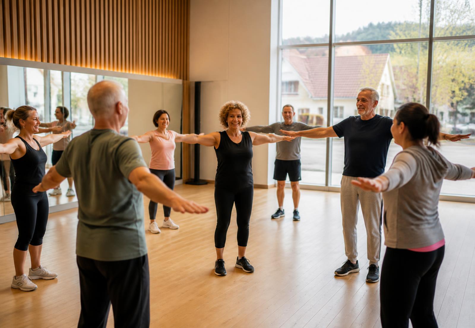 Erwachsenengruppe bei Bewegungsübungen in heller Sporthalle in Bad Liebenstein