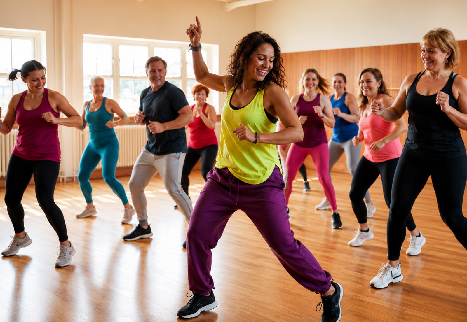 Zumba-Gruppe beim gemeinsamen Tanztraining in einer hellen Sporthalle